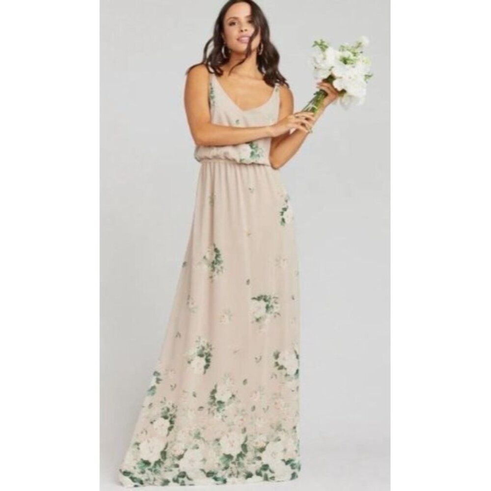 Show Me Your Mumu Kendall Maxi Dress  Small Taupe Floral Bouquet Toss Bridesmaid